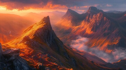 Majestic mountain peaks bathed in the warm glow of a vibrant sunrise, with clouds swirling below.