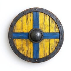 Viking Shield. Round Wooden Shield in Blue and Yellow, Medieval Weapon History