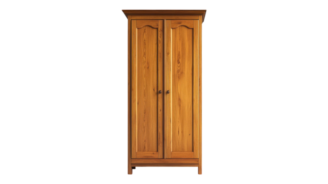 Wooden wardrobe with double doors displayed against a transparent background, showcasing a simple yet elegant design suitable for various interiors.
