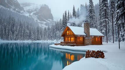 cozy lakeside cabin during winter with snow covered surroundings, reflecting in serene water. scene evokes sense of tranquility and warmth amidst cold