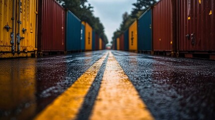 Fototapeta premium vibrant and reflective view of rain soaked road flanked by colorful shipping containers, creating striking industrial scene. wet pavement enhances colors and depth of environment