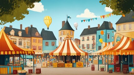 A cartoon carnival in a European town square, with vibrant colors and copy space for text.