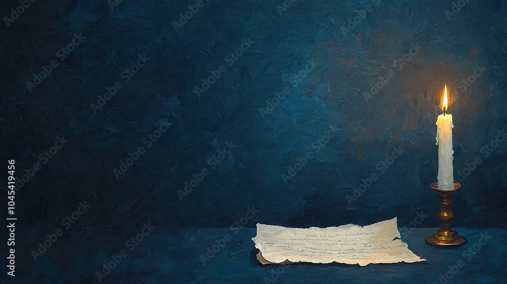 Poster a serene candlelit scene with a flickering flame and an old scroll on a tranquil blue background