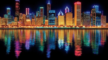Fototapeta premium vibrant city skyline at night, showcasing bright lights reflecting on water, creating colorful and lively atmosphere. scene captures essence of urban beauty and energy