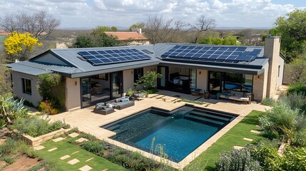 Fototapeta premium A modern house with rooftop solar panels, connected to a decentralized energy grid, enhancing energy efficiency