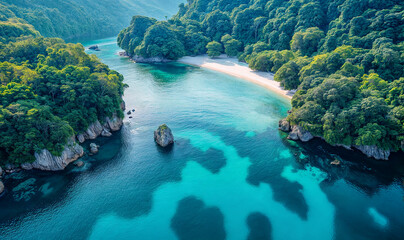 aerial view of tropical landscape of the sea and mountains with blue waters and small white sand beach