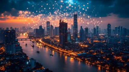Fototapeta premium Cityscape with buildings powered by distributed solar energy systems and small-scale wind turbines