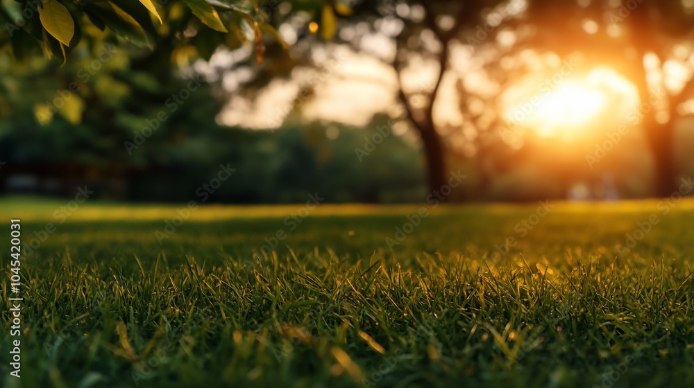 Poster close-up view of green grass with the sun setting behind trees in the distance.