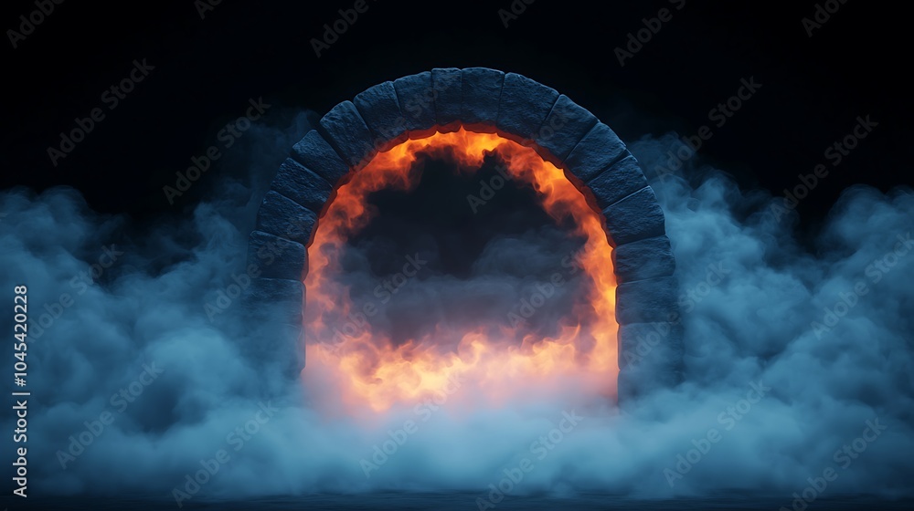 Poster mysterious portal of flames a captivating entryway into the unknown surrounded by enigmatic smoke an