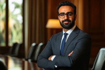 Fototapeta premium Corporate leader confidently at the head of a boardroom exuding authority.
