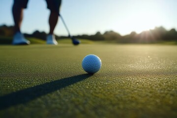 Close up of a golf ball rolling on the green with player in the soft bokeh background.