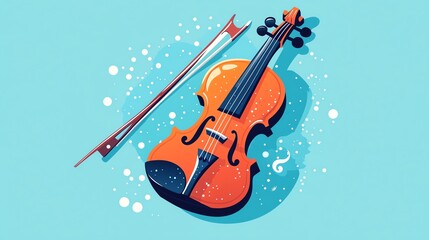 Fototapeta premium Illustration of a violin and bow on a vibrant blue background, ideal for music and arts themes.