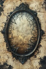 Fototapeta premium A distressed antique mirror framed in ornate baroque style reflects a sense of time and history with cracks and wear on its surface
