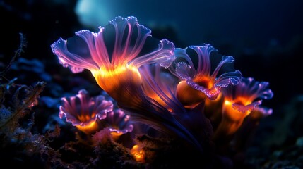 Bioluminescent underwater sea life glowing in the dark.