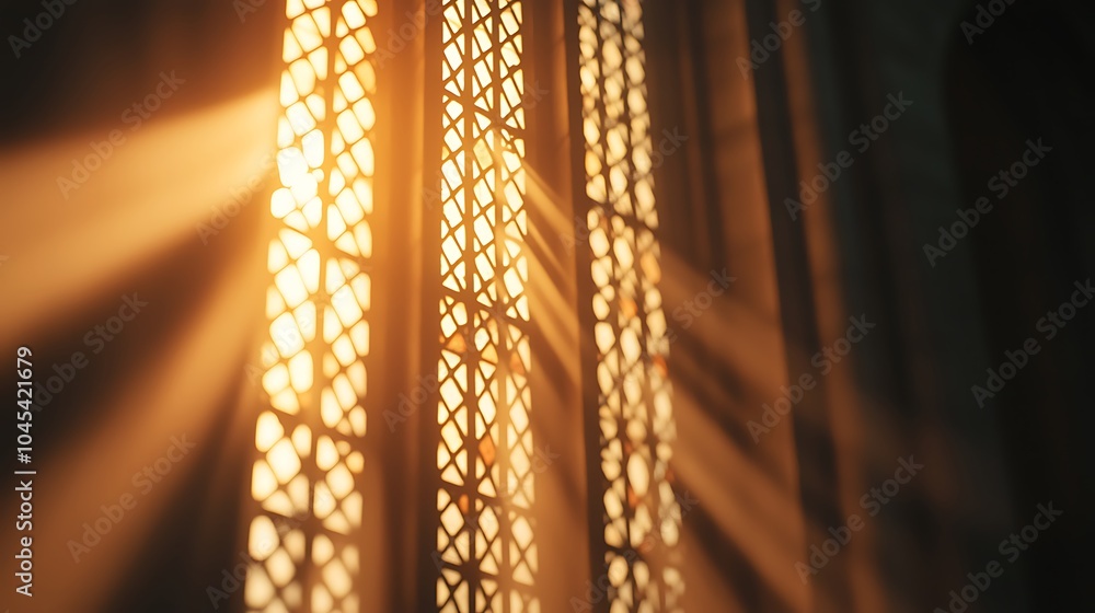 Poster radiant sunlight streaming through intricately designed architectural grilles creating a serene atmo