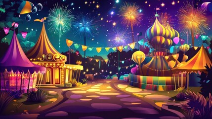 A colorful cartoon of a European carnival with fireworks and decorations, with room for celebratory text