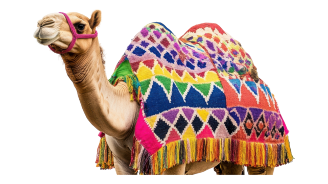 Colorful adorned camel with vibrant blanket showcasing traditional patterns in a desert setting.
