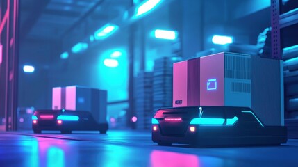 Futuristic vehicles transporting cargo in a vibrant neon-lit warehouse, showcasing advanced technology and sleek design.