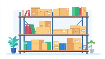 Illustration of a storage shelf filled with boxes, books, and plants, perfect for concepts of organization and workspace.