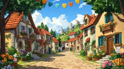 Obraz premium A joyful cartoon celebration scene in a European village, complete with copy space for text or messages