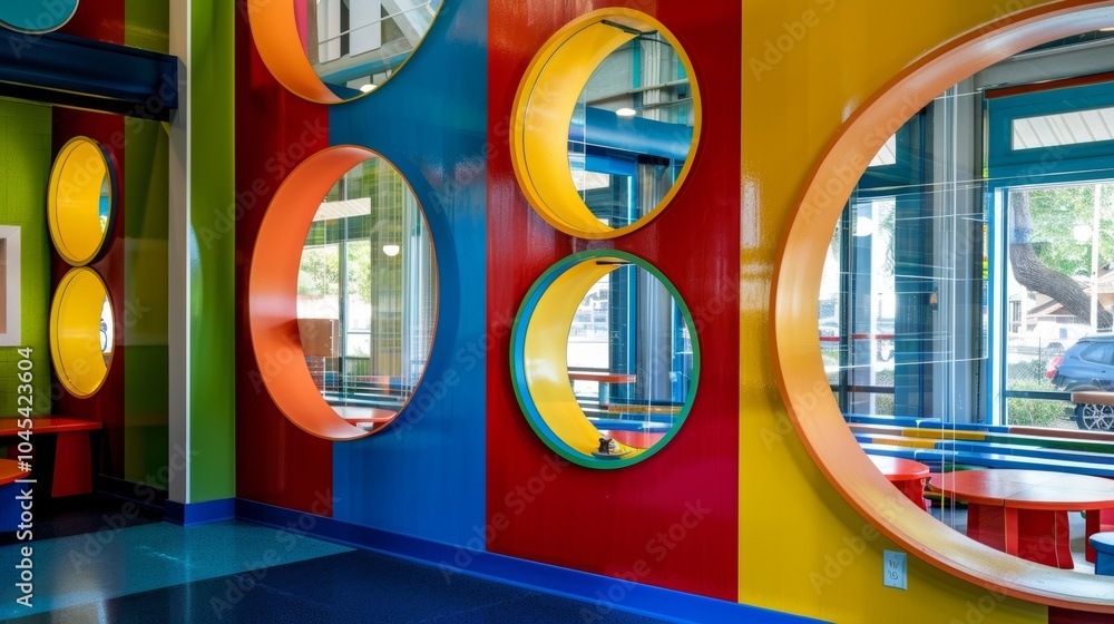 Poster brightly colored playroom interior featuring multiple circular openings, creating a playful and stim