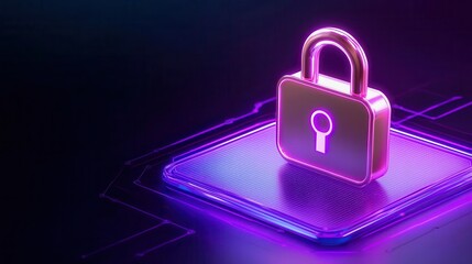 A glowing privacy policy document with digital padlocks surrounding it, Digital padlock icon with glowing neon effect on a tech interface background.
