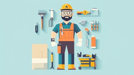 Obraz premium A construction worker surrounded by various tools and equipment on a light blue background.