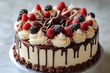 Delicious chocolate drip cake decorated with piping and fresh berries