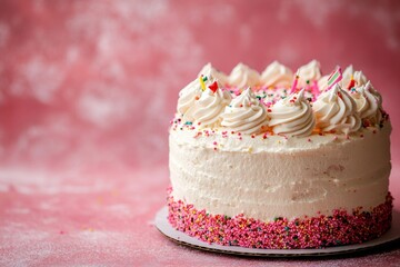 Delicious white birthday cake decorated with sprinkles and icing swirls on pink background