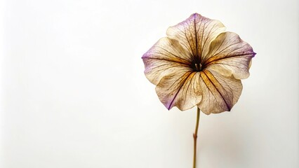 Minimalist dry petunia flower on white background
