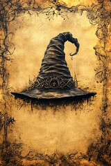 An enigmatic witch's hat a mystical symbol of magic power and enchantment set against an ancient textured background