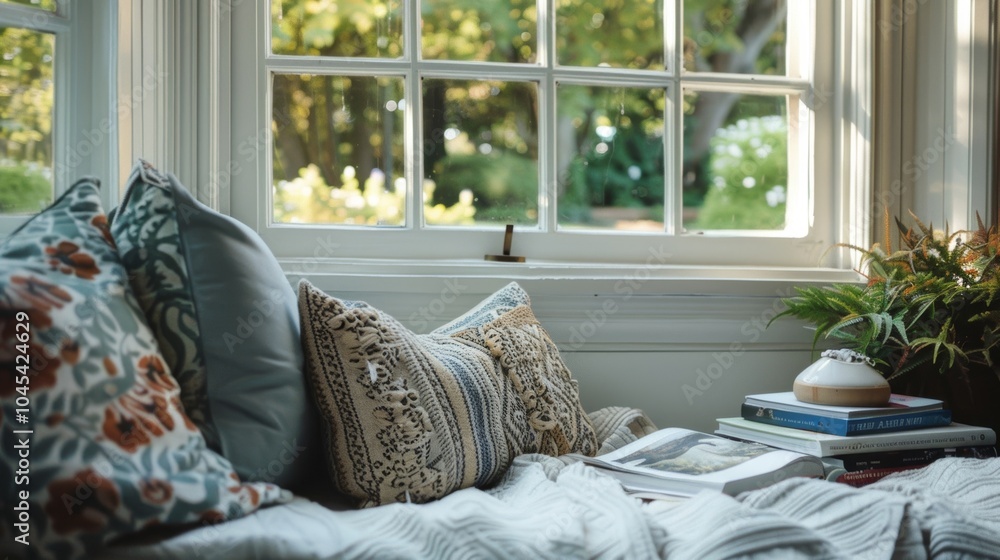 Poster sunlight is streaming through the window onto a cozy window seat with cushions and a blanket. books 