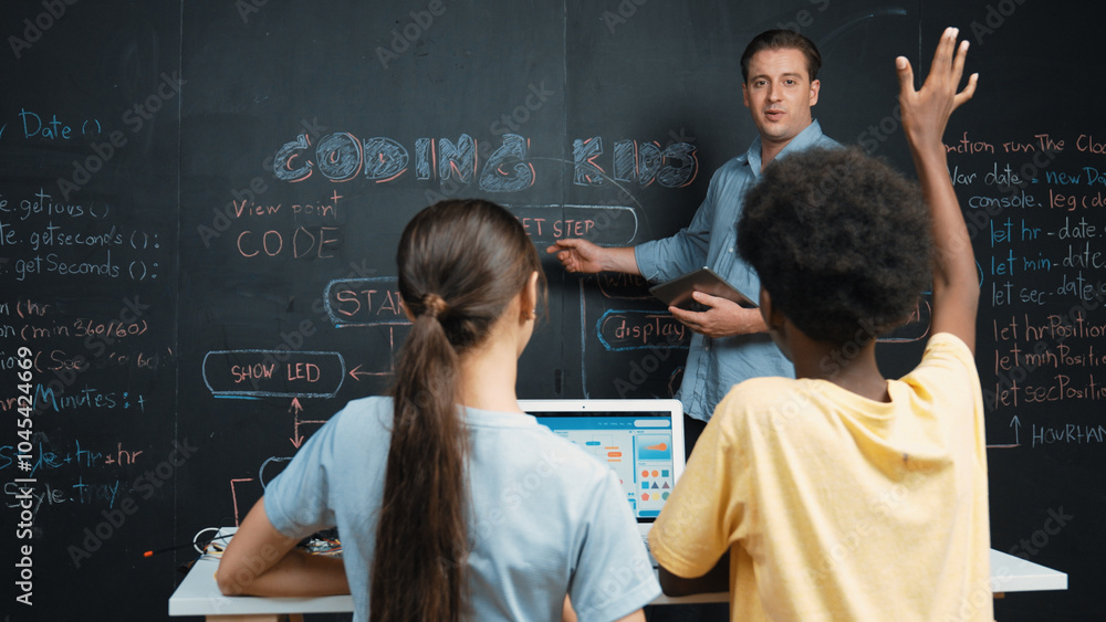 Poster african boy raised hands to ask smart teacher about coding program. smart student raised hand to ask