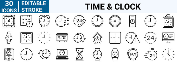 Time and Clock web icons in line style. Calendar, timer, time, stopwatch, countdown, collection. editable. Vector illustration.