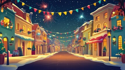 Obraz premium A joyful cartoon of a European street party with fireworks and colorful decorations, with copy space