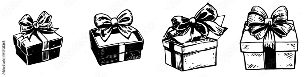 Poster box with bow open in doodle style. modern scandinavian monochrome minimalism. single element for des