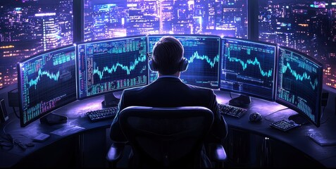 A businessman analyzing financial data on multiple screens, with a vibrant city skyline in the background.