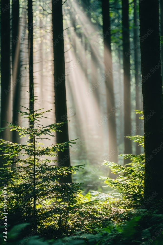 Poster sunlight filtering through dense forest trees