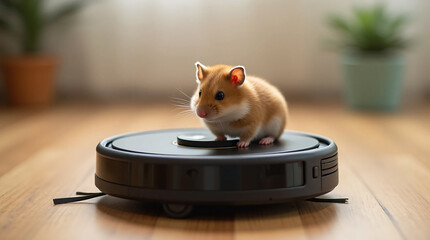 hamster riding a robot vacuum cleaner
