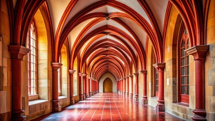Obraz premium Monastery hallway with wooden red arches in Depth of Field
