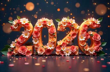 Christmas greeting card, New Year 2026, numbers 2026 from various bright colors on a festive background, Christmas garlands, flower business