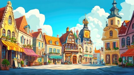 Naklejka premium A vibrant cartoon festival in a European town square, with copy space for festive messages