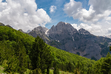 Obraz premium Majestic mountain ridge Maja Boshit towering over alpine forest in Albanian Alps (Accursed Mountains) in Northern Albania. Scenic hiking trail from Valbona to Theth. Wanderlust in alpine wilderness