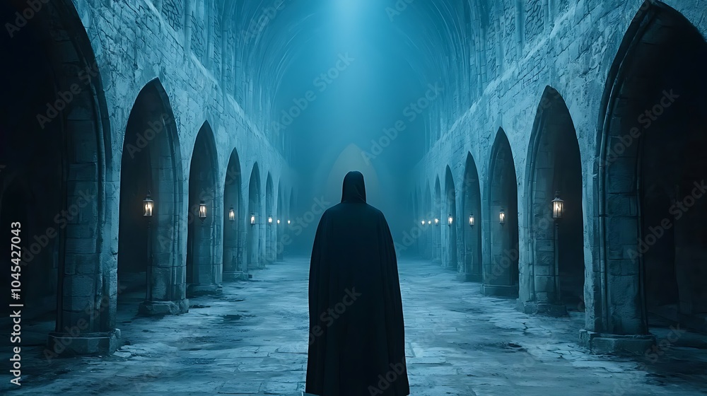 Poster mysterious figure in cloak stands in spooky gothic archway surrounded by dim light and eerie shadows