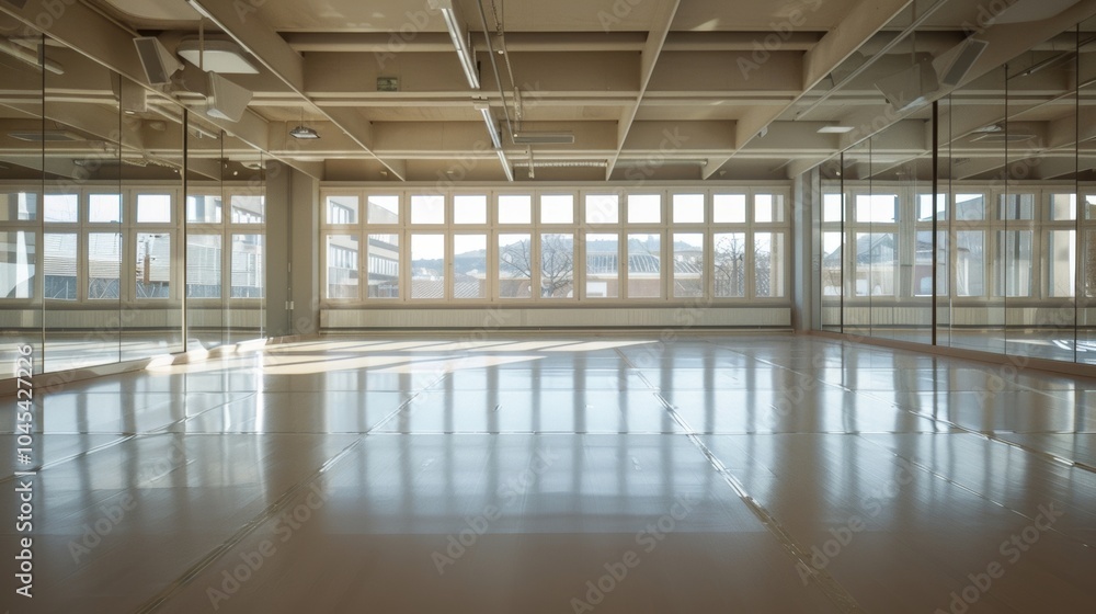 Poster sunlight streams through large windows in an empty dance studio, reflecting off mirrors and creating