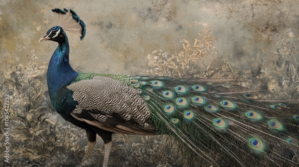 Poster a peacock with its tail feathers spread out in a beautiful display.