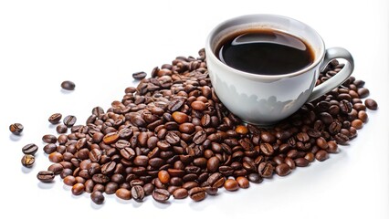 Fototapeta premium Mug of black coffee tilted on a white isolated background