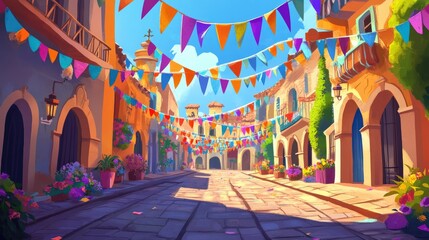 Obraz premium A vibrant cartoon of a European festival with colorful streamers and banners, with ample room for text