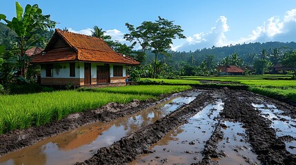 Fototapeta premium A traditional Indonesian house with a tiled roof sits on the edge of a rice paddy field with muddy water reflecting the blue sky.