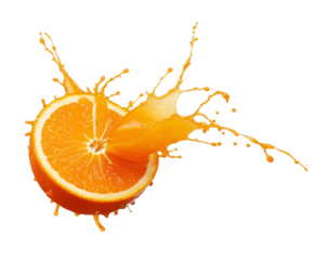 Orange fruits splashing with juice over white background
